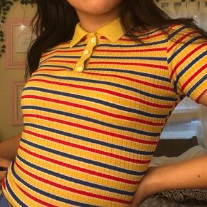 BERSHKA red blue yellow striped collared shirt